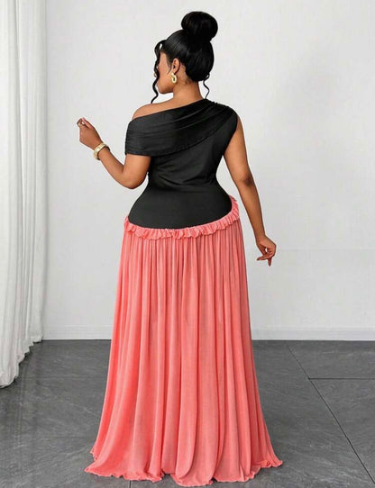 Vacation Color Block Black & Pink Mesh Flared Sleeveless Asymmetric Ruched Unique Design Elegant Party Dress