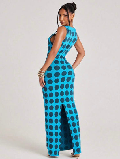 DELOS Knit Dress Sleeveless Cutout Detail Polka Dot Vibrant Unique Scoop Neckline Ribbed Maxi Brunch Casual Everyday Wear || VERI CLASSY VERI DEMURE