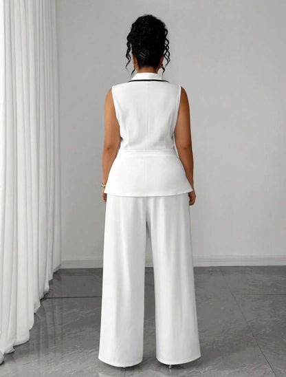 CLASY White Contrast Trim Ruffle Waist + Wide Leg Pants Suit, Sleeveless Top Two Pieces Office/Commute