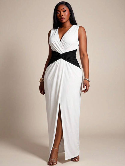 Radiana V-Neck Colorblock Pleated Slit Design Casual Elegant Party Cocktail Dress Black And White  - CHRISTIAN DELOS -