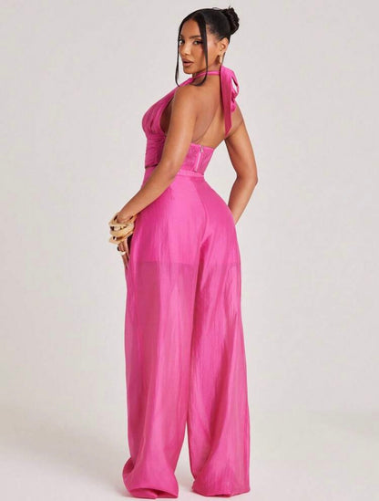 DEMURE Pants Sheer Trouser Lightweight Airy See Through Pink Pleated Brunch Trousers @CHRISTIANDELOS_