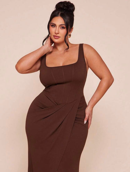 Plus Size Women Vintage Elegant Square Neck Adjustable Strap Faux Twist Hem Slit Dress ~ VERI CLASSY VERI DEMURE ~