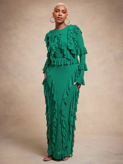 Vixey Lined Mesh Ruffle Detail Midi Dress, Elegant, Date Night, Glamorous For Special Occasion