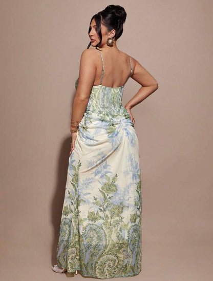 Green Floral Maxi Bodycon Dress, Elegant Dress For Vacation, Mesh Dress