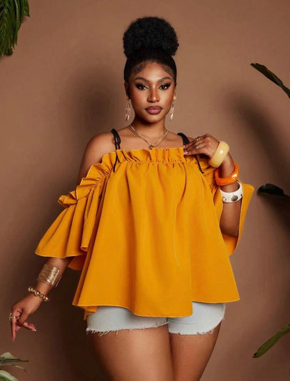 Yellow Retro Casual Off-Shoulder Blouse For Women @CHRISTIANDELOS_