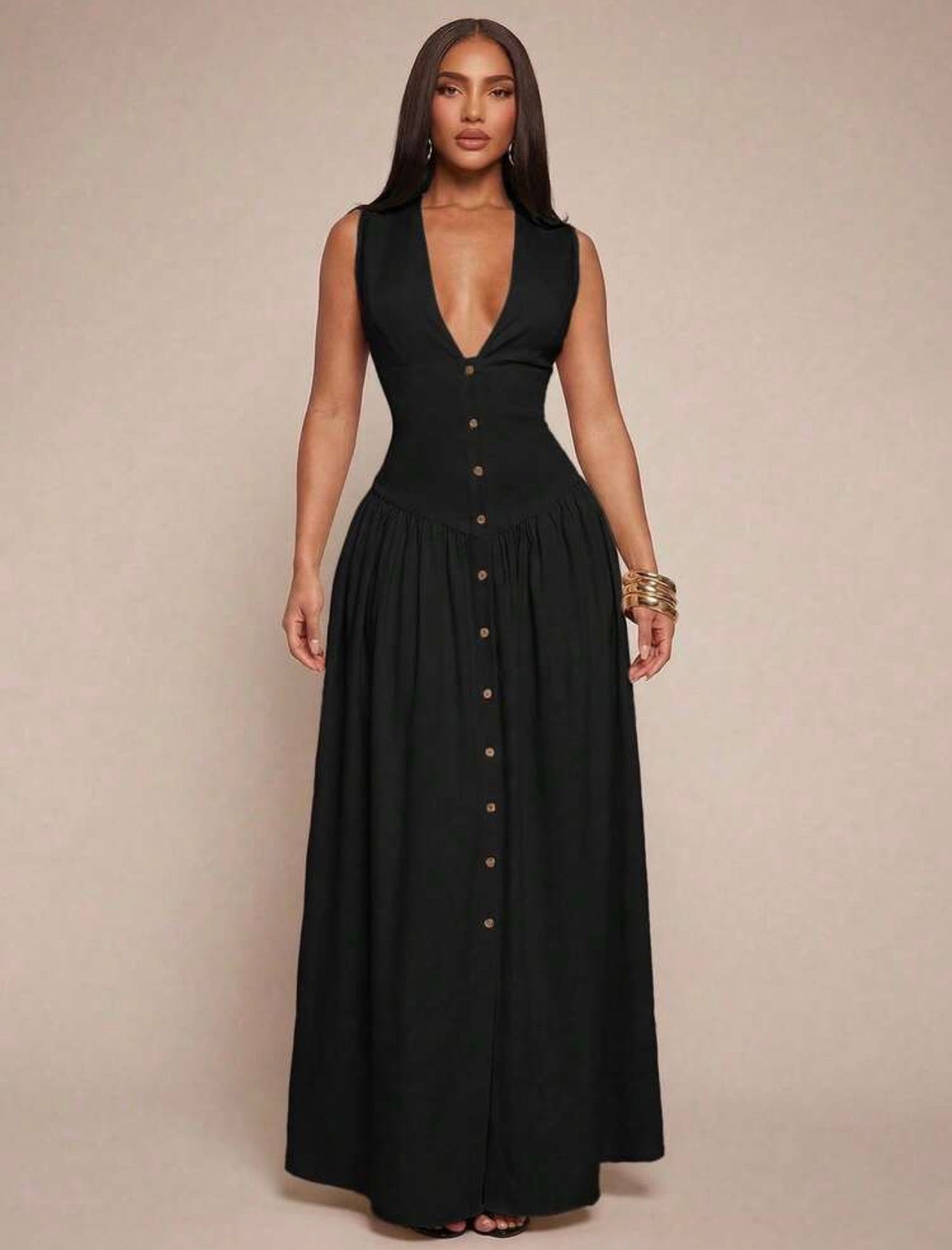 Radiana Women's Sexy Elegant Minimalist Faux Linen V-Neck Tank Dress, Long Dress, Waist-Cinching Dress, Button-Front Dress, Shirt Dress, Full Skirt Dress, Casual Dress, Casual Business lOld Money Style @ CHRISTIAN DELOS