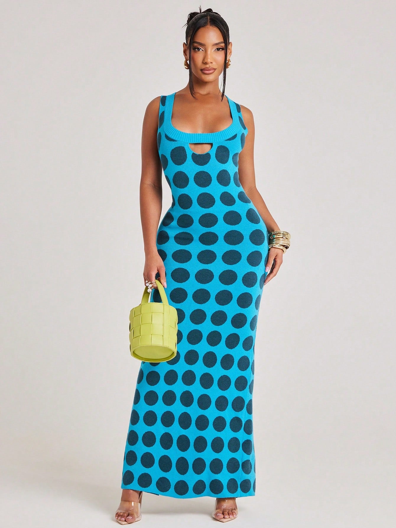 DELOS Knit Dress Sleeveless Cutout Detail Polka Dot Vibrant Unique Scoop Neckline Ribbed Maxi Brunch Casual Everyday Wear || VERI CLASSY VERI DEMURE