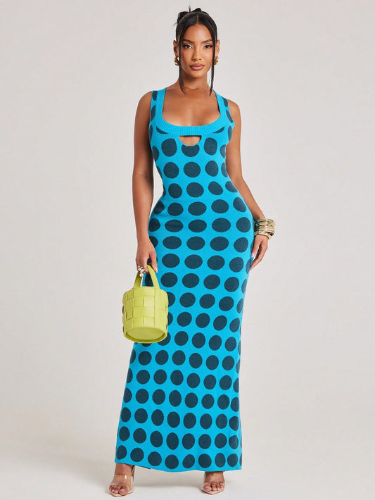 DELOS Knit Dress Sleeveless Cutout Detail Polka Dot Vibrant Unique Scoop Neckline Ribbed Maxi Brunch Casual Everyday Wear || VERI CLASSY VERI DEMURE