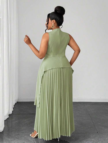 Ladies Round Neck Elegant Hollow Out Ruffle Hem Asymmetrical Pleated Full Skirt Sleeveless Tie Two Pieces Set