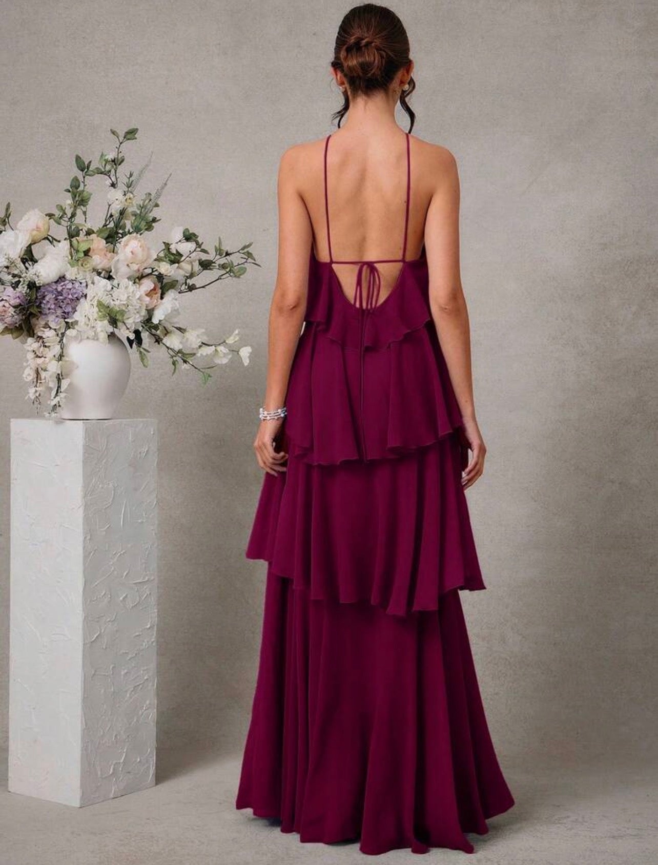 L'Amorae Elegant Romantic Wedding Guest Solid Halter Tiered Chiffon Maxi Dress