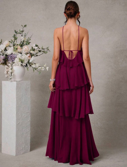 L'Amorae Elegant Romantic Wedding Guest Solid Halter Tiered Chiffon Maxi Dress