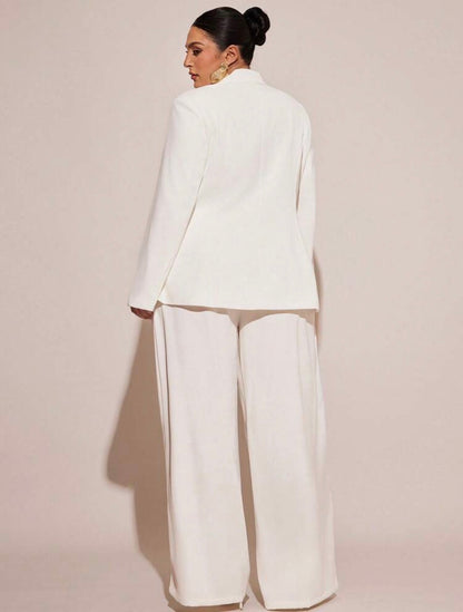 Curve White Elegant Formal Two Piece Suit,Business Casual Blazer Set With Wide-Leg Pants,Corporate Work Suits to All Occasions