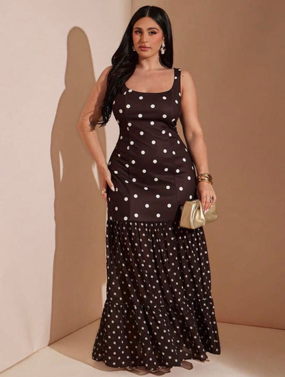 Brown Polka Dot Square Neck Sleeveless Maxi Dress,Elegant Ruffle Hem Tiered A Line Dress