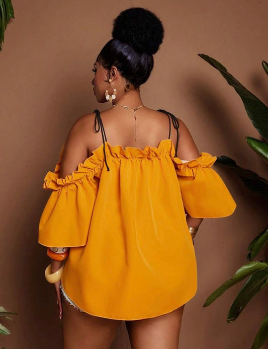 Yellow Retro Casual Off-Shoulder Blouse For Women @CHRISTIANDELOS_