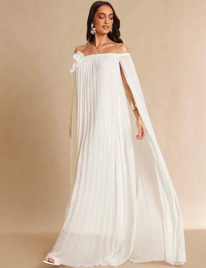 Silquee French Style White Elegant Dress For Women,Solid 3D Floral Appliqué Pleated Backless Evening Gown Classy @CHRISTIANDELOS