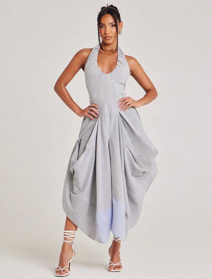 SZN Dress Midi Striped Pleated Gathered Ruched Ruffled Unique Bubble Hem ~ @CHRISTIANDELOS_