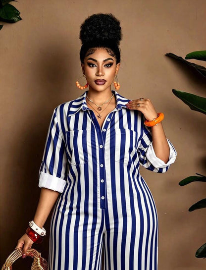 Plus Size Casual Striped Wide Leg Jumpsuit For Fancy Occasions / CLASSY AND DEMURE