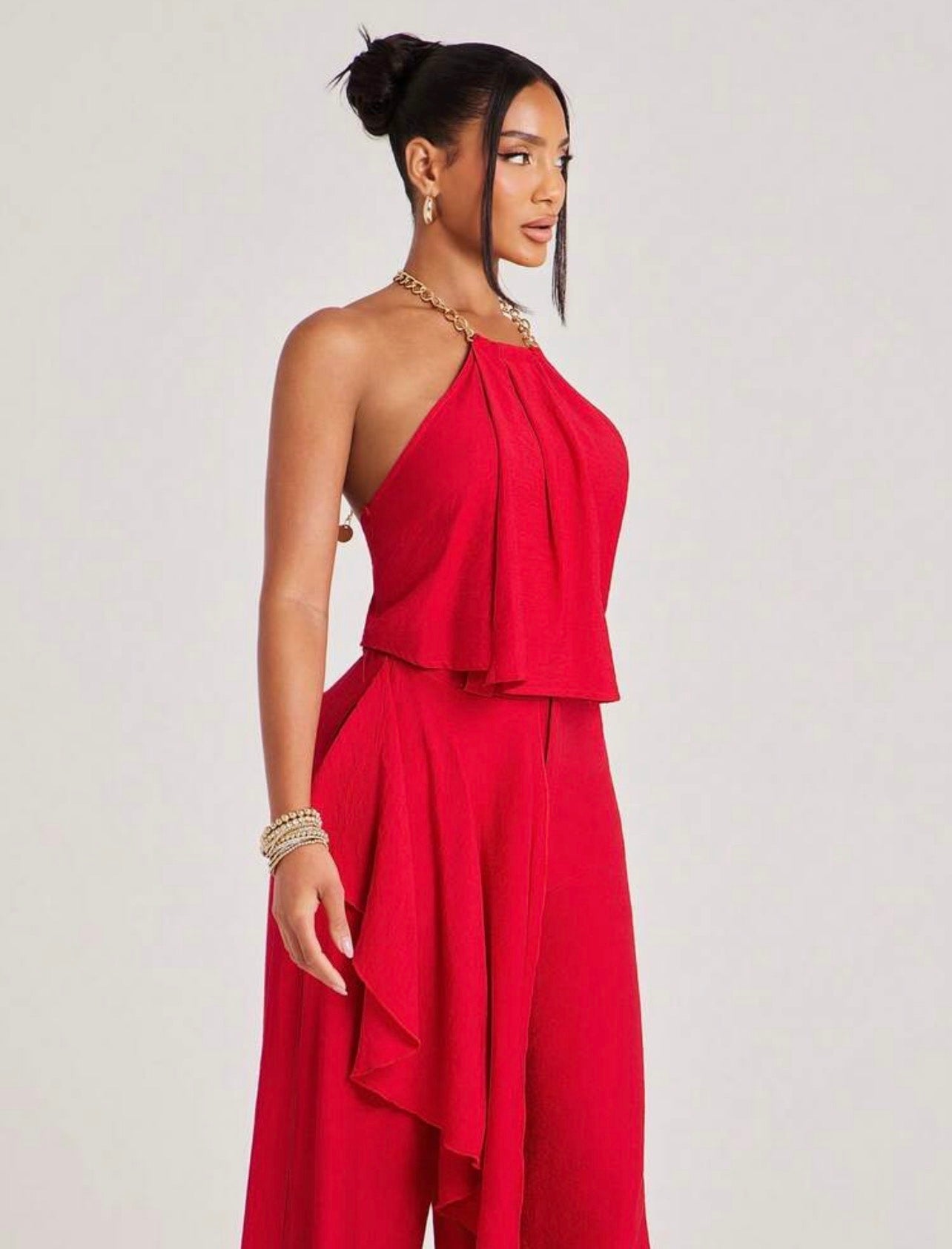 Matching Set Top And Pant Chain Neck Halter Oversized Trouser Wide Leg Asymmetrical Skirt Overlay Detail Brunch Casual Everyday Wear ~ VERI CLASSY VERI DEMURE ~