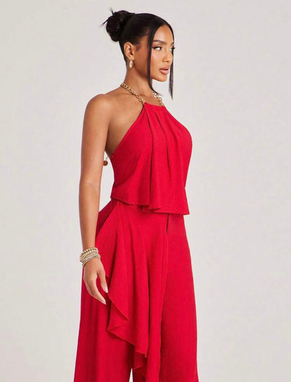 Matching Set Top And Pant Chain Neck Halter Oversized Trouser Wide Leg Asymmetrical Skirt Overlay Detail Brunch Casual Everyday Wear ~ VERI CLASSY VERI DEMURE ~