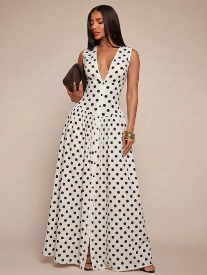 Radiana Women's Sexy Elegant Minimalist Faux Linen V-Neck Tank Dress, Long Dress, Waist-Cinching Dress, Button-Front Dress, Shirt Dress, Full Skirt Dress, Casual Dress, Casual Business lOld Money Style @ CHRISTIAN DELOS