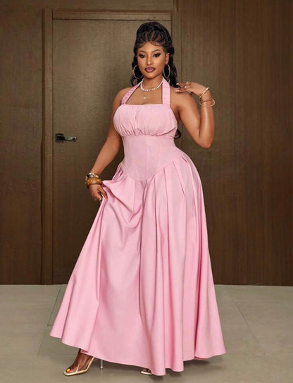 Sweet Solid Color Versatile Waist Cinching Simple Neck Line Dress For Women