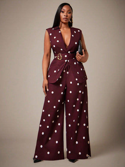 Radiana Ladies Classic Retro Polka Dot Vest And Wide Leg Pants Set For Holiday / Vacations