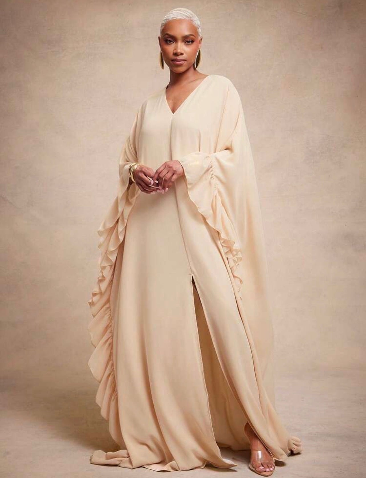 Vixey Chiffon Fully Lined Ruffle Detail Kaftan Dress, Elegant, Glamorous For Special Occasion