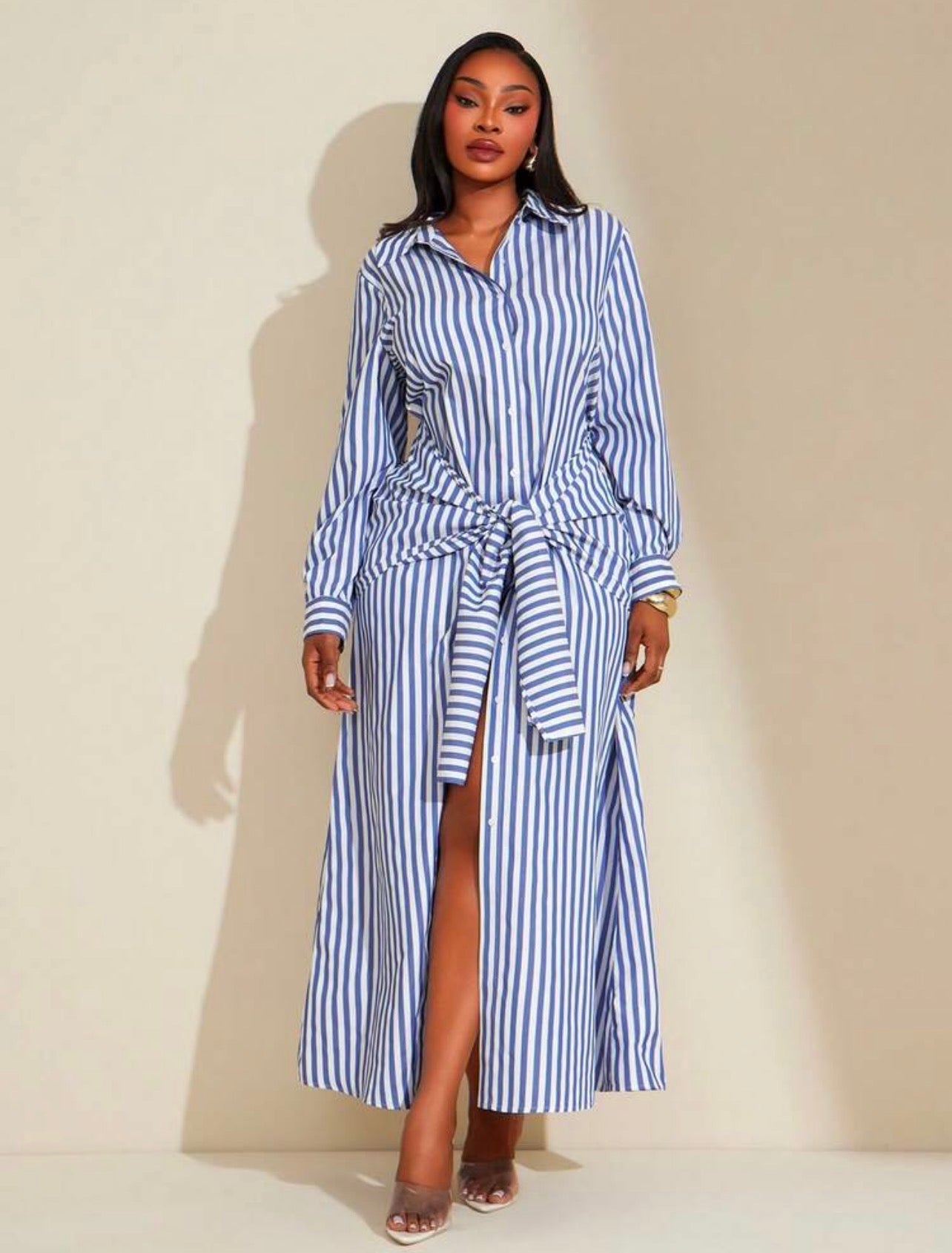 Pointed Collar Self Tie 2 In 1 Design Maxi Shirt Dress,Suitable For Urban,Sexy Office Siren Coquettish,Versatile,Cruise Attire | Available  @CHRISTIANDELOS_