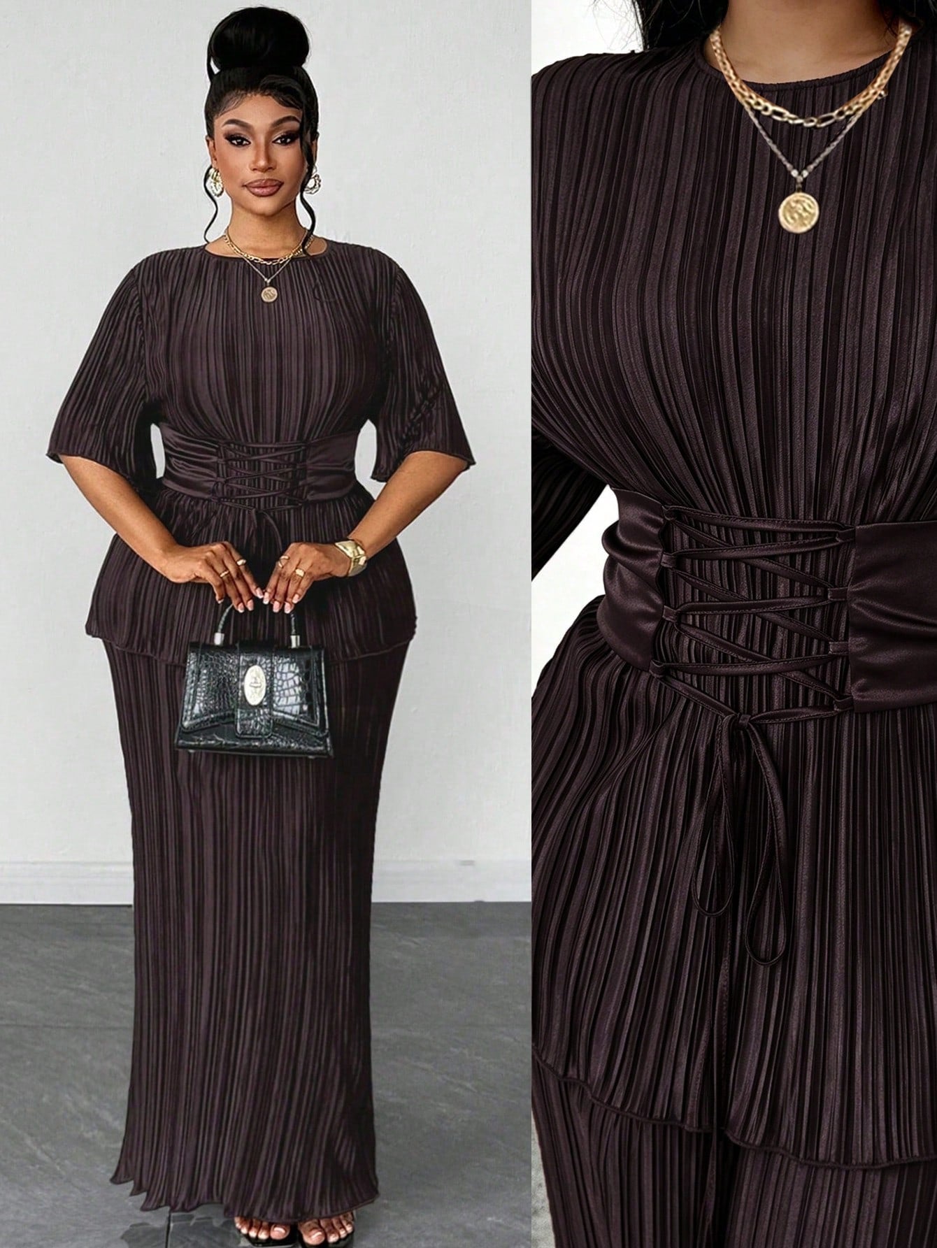 Plus Size Pleated Tie-Front Short Sleeve 2 Pieces Set @CHRISTIANDELOS