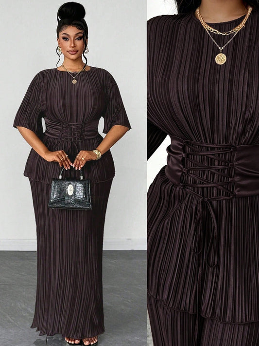 Plus Size Pleated Tie-Front Short Sleeve 2 Pieces Set @CHRISTIANDELOS