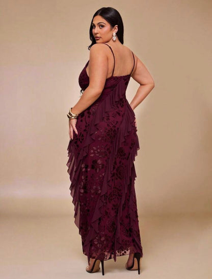 High Fashion Brand @CHRISTIANDELOS_ Asymmetric Ruffle Hem Dress, High Slit, Burgundy, Outfits For Women || VERI CLASSY VERI DEMURE •••
