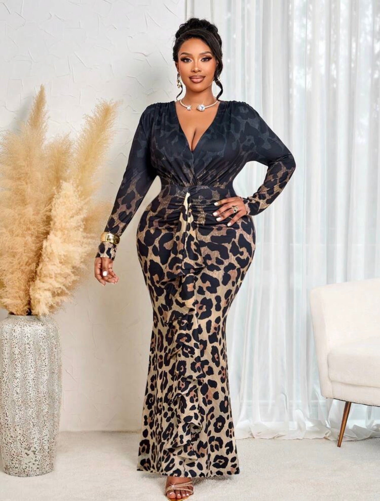 Elegant Deep V-Neck Long Sleeve Fitted Dress Suitable Outings, Office, Party Wear