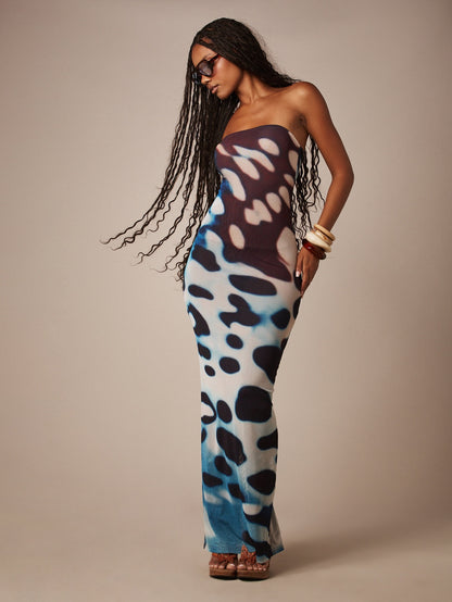 Strapless Bandeau Bodycon Maxi Dress With All Over Butterfly Wing Abstract Print Summer Festival Long Dress @CHRISTIANDELOS_