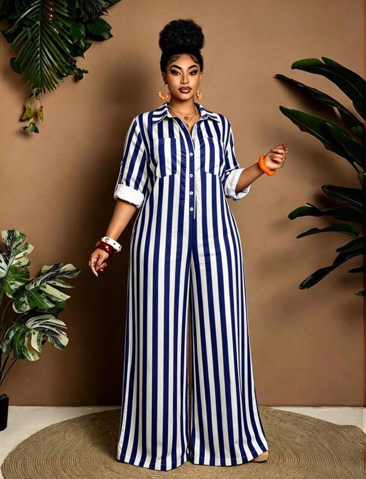 Plus Size Casual Striped Wide Leg Jumpsuit For Fancy Occasions / CLASSY AND DEMURE