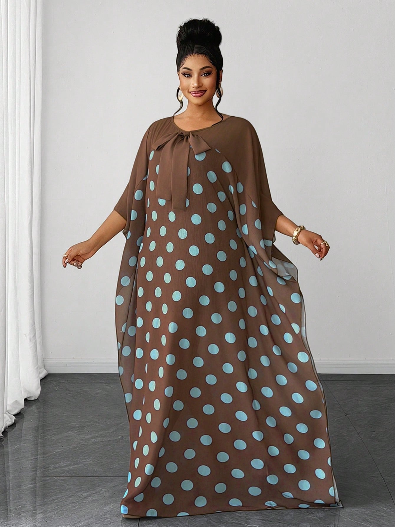Ladies Loose Polka Dot Long Sleeve Dress - Classy and Demure Dress
