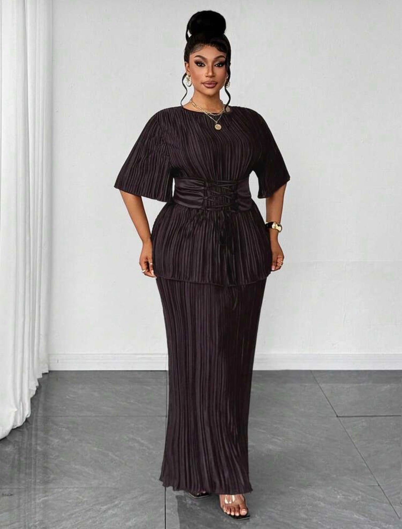 Plus Size Pleated Tie-Front Short Sleeve 2 Pieces Set @CHRISTIANDELOS