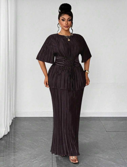 Plus Size Pleated Tie-Front Short Sleeve 2 Pieces Set @CHRISTIANDELOS