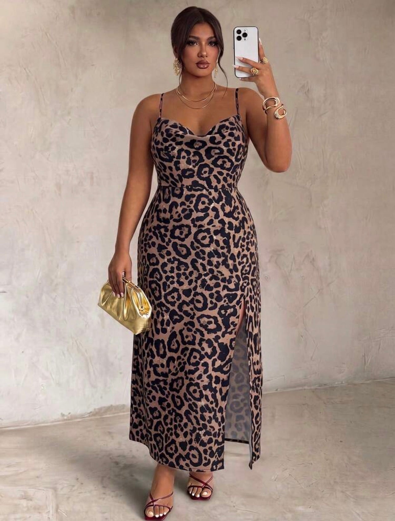 Firerie Women's Leopard Print Slit Design Casual Party Spaghetti Strap Dress