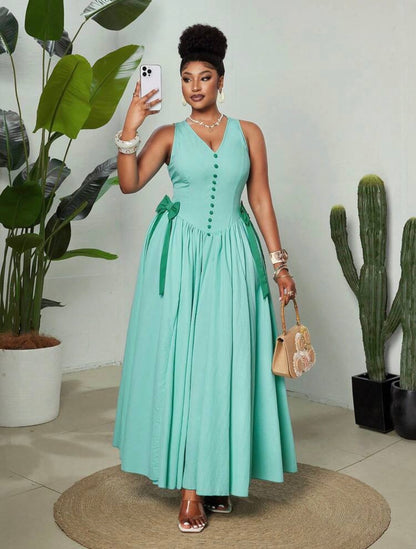 Vintage Elegant Party V-Neck Sleeveless Bow Tie Waist Flared Slim Fit Dress For Women