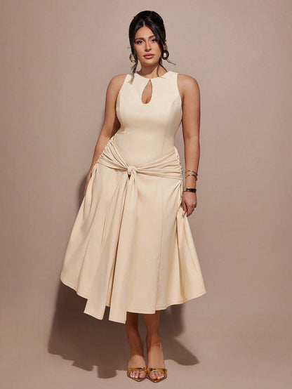Beige Stunning Curve Cocktail Slit Silhouette Dress - CHRISTIANDELOS FASHION