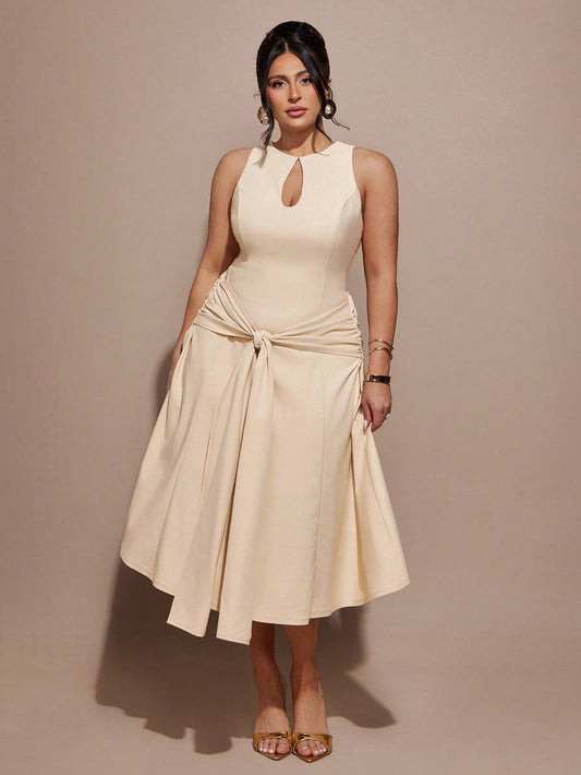 Beige Stunning Curve Cocktail Slit Silhouette Dress - CHRISTIANDELOS FASHION
