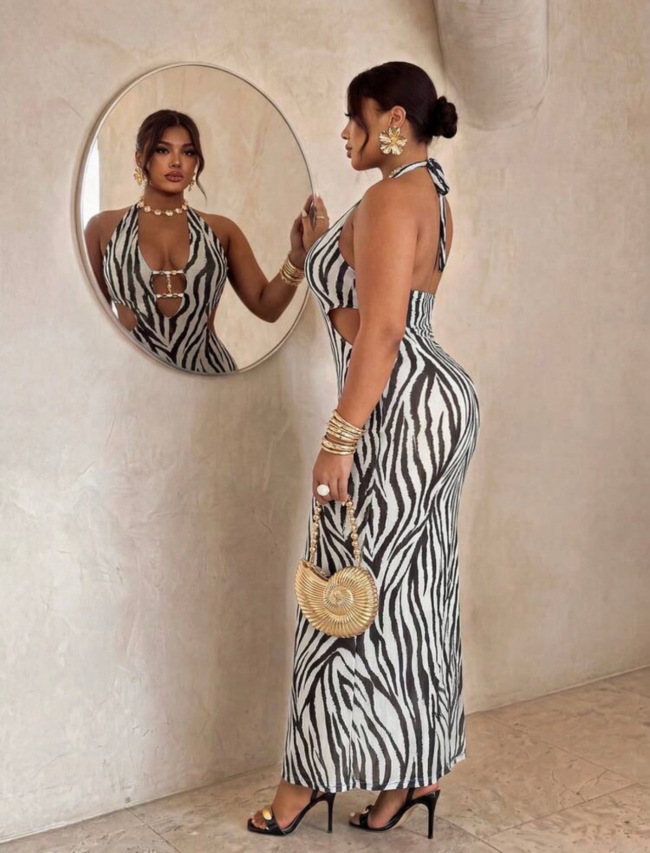 SEXY Zebra Print Cutout Beaded Zebra Print Slim Fit Mermaid Maxi Dress - VERI CLASSY VERI DEMURE