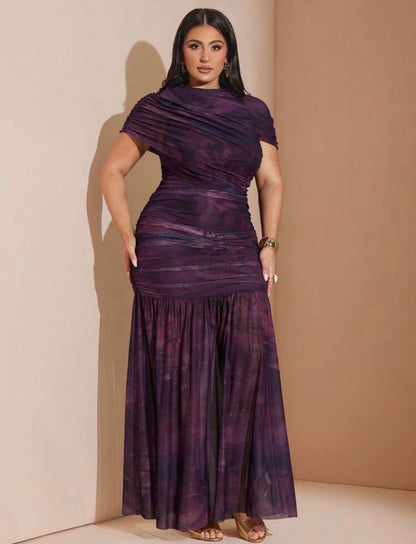 Ladies Elegant Dark Purple Formal Dress,Tie & Dye Mesh Ruched O Neck Maxi Dress With Sheer Sleeves,Sophisticated Mermaid Hem Gown