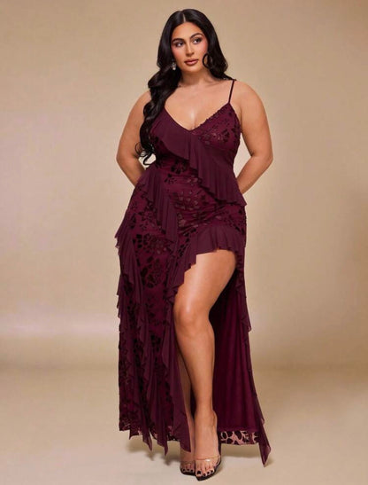 High Fashion Brand @CHRISTIANDELOS_ Asymmetric Ruffle Hem Dress, High Slit, Burgundy, Outfits For Women || VERI CLASSY VERI DEMURE •••