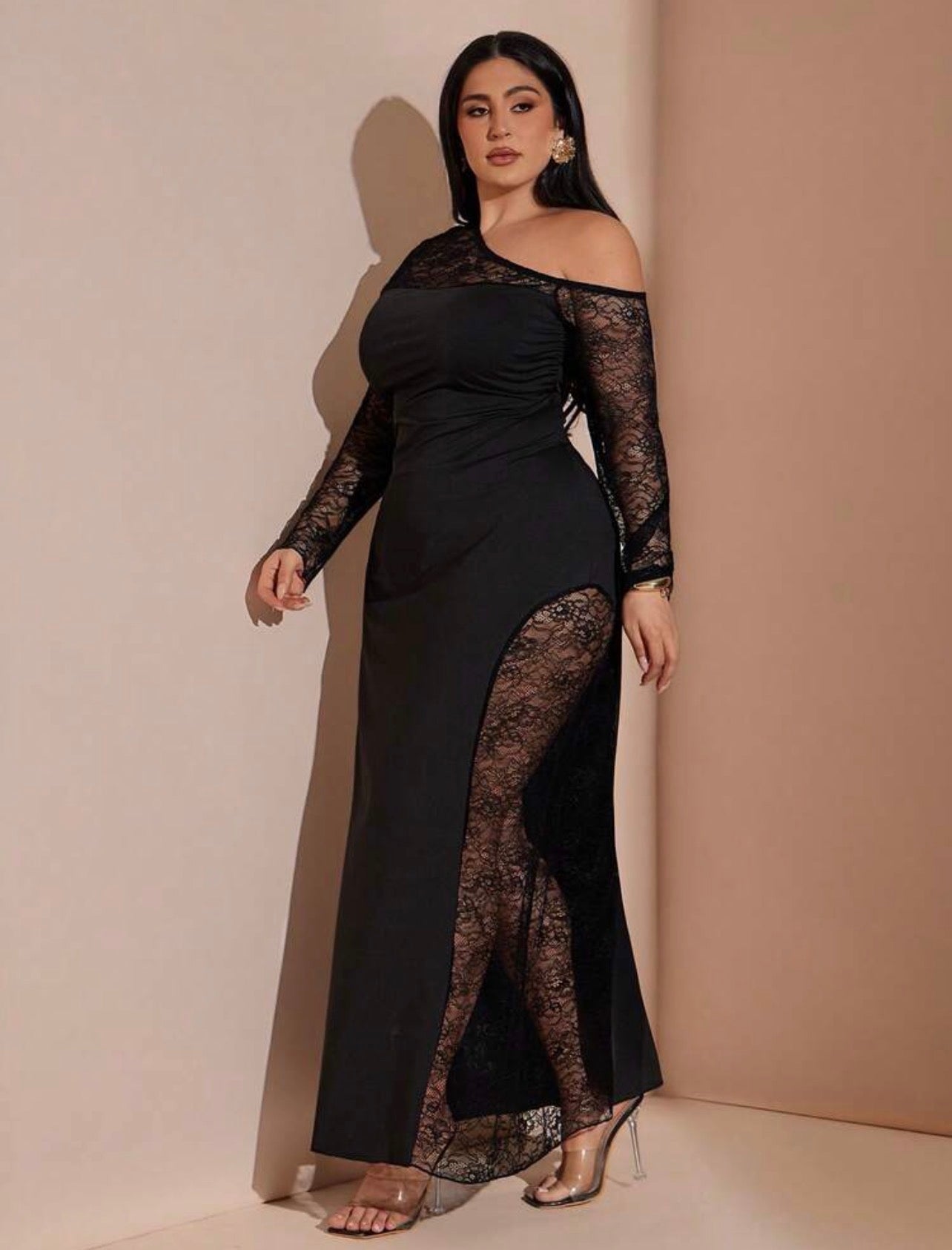 Women's Lace Patchwork Sexy Black Dress, Off-Shoulder High-Slit Maxi Dress @ CHRISTIANDELOS_ VERI CLASSY VERI DEMURE