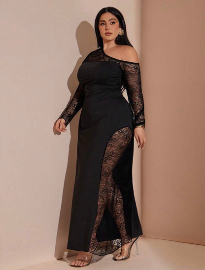 Women's Lace Patchwork Sexy Black Dress, Off-Shoulder High-Slit Maxi Dress @ CHRISTIANDELOS_ VERI CLASSY VERI DEMURE