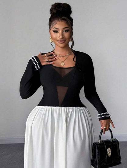 STYLISH Mesh Patchwork V-Neck Fitted Waist Top,A-Line Design,Beaded Cuffs,Autumn,Elegant,Traditional DRESS