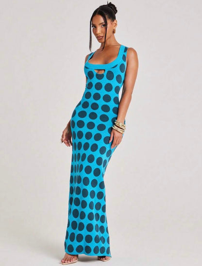 DELOS Knit Dress Sleeveless Cutout Detail Polka Dot Vibrant Unique Scoop Neckline Ribbed Maxi Brunch Casual Everyday Wear || VERI CLASSY VERI DEMURE