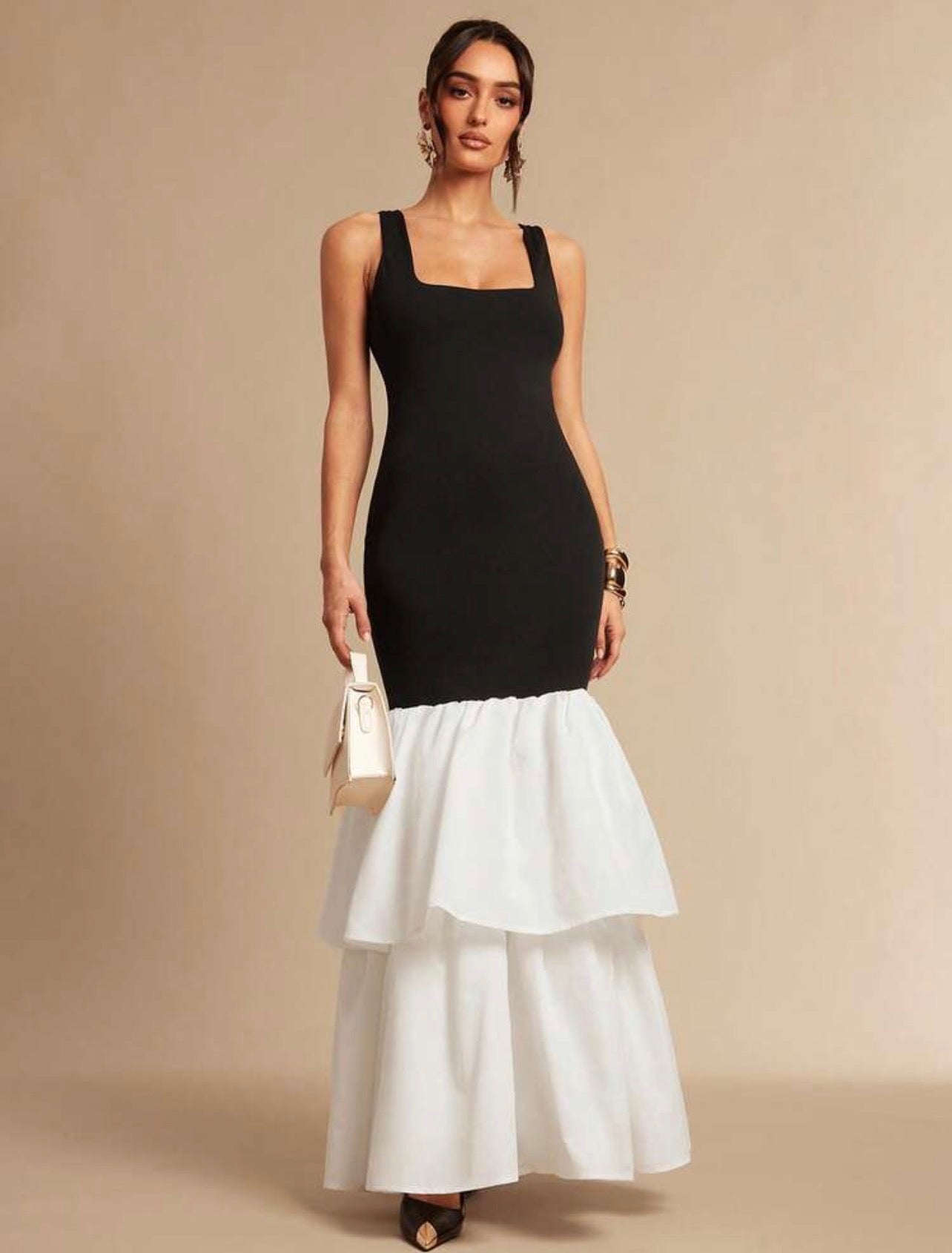 Elegant Black And White Party Dress,Contrast Color Ruffle Hem Maxi Gown For Women @CHRISTIANDELOS