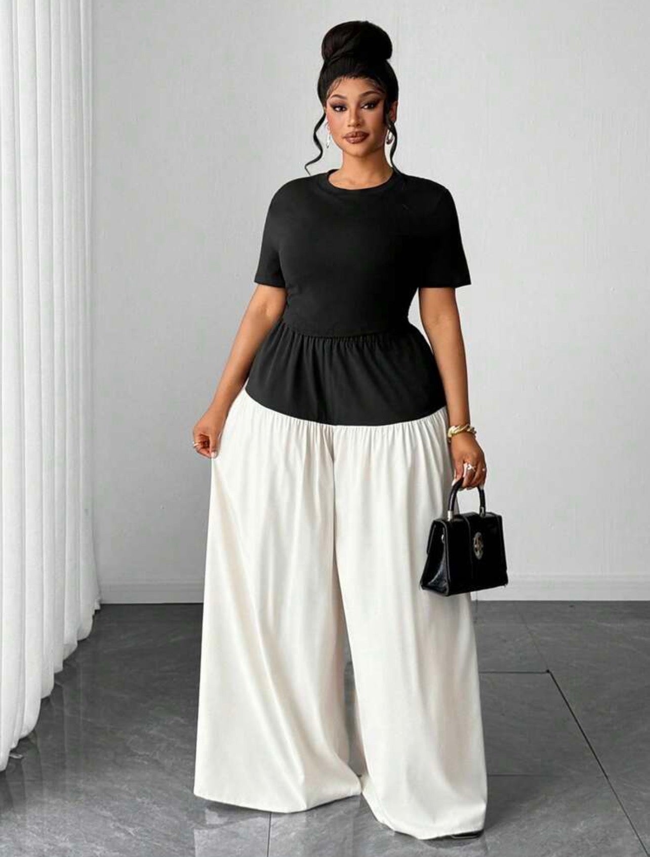 Elegant Smart Casual Everyday Two Pieces Set Fitted Short Sleeve Round Neck T-Shirt And Wide Leg Pants